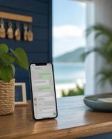Celular sobre o balcão da recepção de uma pousada, com uma conversa de WhatsApp aberta